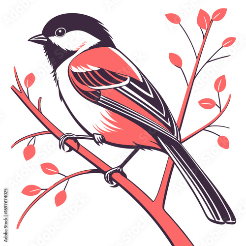 Illustration of a chickadee bird perched on a branch