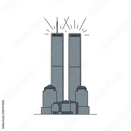 Minimalistic illustration of iconic twin towers with radiating lines – stock vector flat illustration