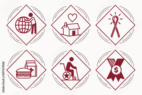 Charity and donation icons in diamonds