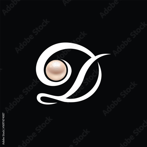 Elegant Monogram D pearl brooch with ornate sunburst logo design