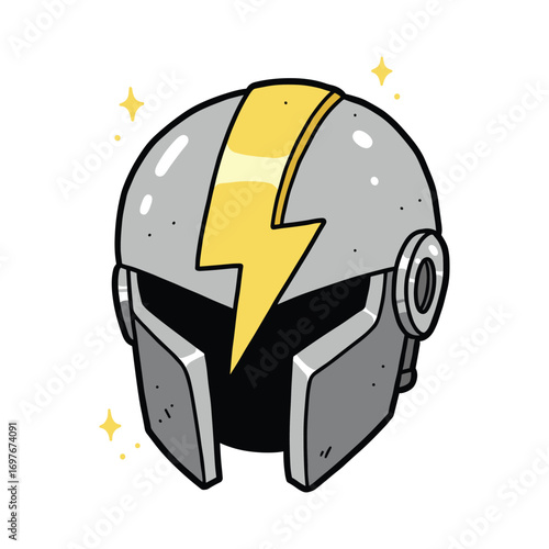 Futuristic silver helmet with yellow lightning design and sparkles – stock vector flat illustration