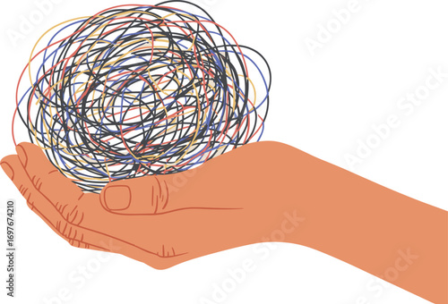 Hand holding tangled scribble ball, abstract messy lines, stress concept illustration, confusion chaos, problem solving idea
