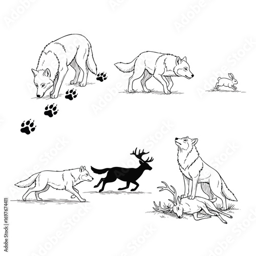 Set of black and white line art illustrations showing a wolf hunting sequence with deer and rabbit prey.