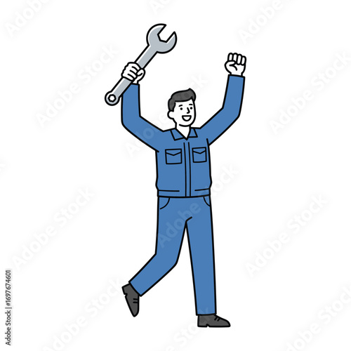 Caucasian male mechanic celebrating with wrench in hand – stock vector flat illustration