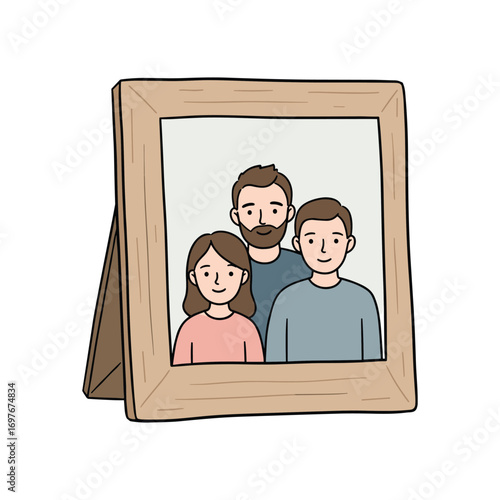 Illustrated family portrait in wooden frame with two caucasian males and one caucasian female – stock vector flat illustration