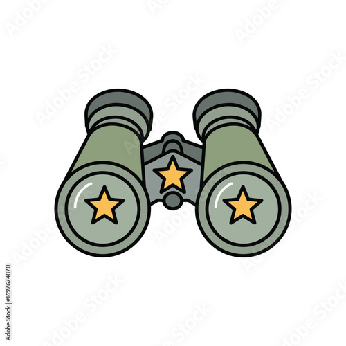 Green binoculars with star accents – stock vector flat illustration
