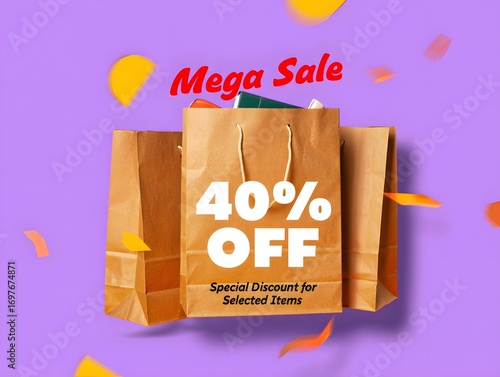 Mega Sale:  40% Off Selected Items – Vibrant Purple Background with Brown Shopping Bags and Confetti.