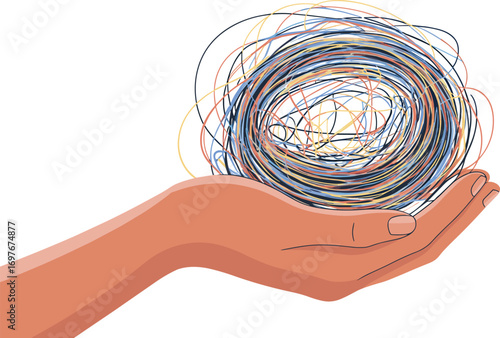 Hand holding tangled colorful scribble ball, abstract messy lines illustration, stress anxiety concept, confusion chaos idea