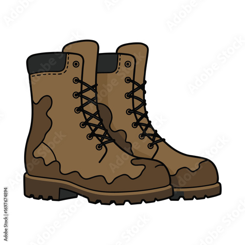 Sturdy brown hiking boots with laces and rubber soles for outdoor adventures – stock vector flat illustration