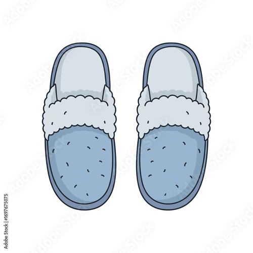 Cozy blue slippers with fuzzy white trim for relaxation and comfort – stock vector flat illustration