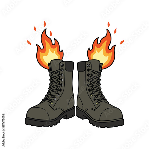 Cartoon military boots with flames emanating from inside – stock vector flat illustration