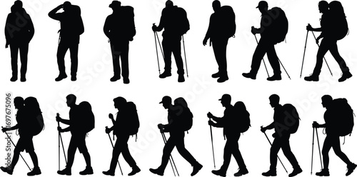 Silhouettes of hikers with backpacks and trekking poles, outdoor adventure, nature exploration, mountain trekking, active lifestyle, hiking journey, travel enthusiasts.