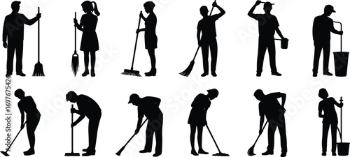 Silhouettes of cleaning workers with brooms, mops, buckets, sweeping floors, janitors working, housekeeping, cleaning tools, professional sanitation, maintenance labor, cleaning service.