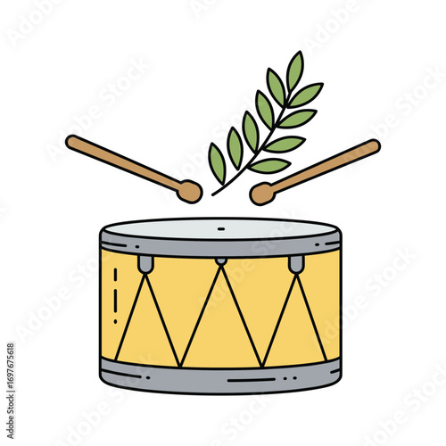 Illustration of a yellow drum with drumsticks and olive branch – stock vector flat illustration