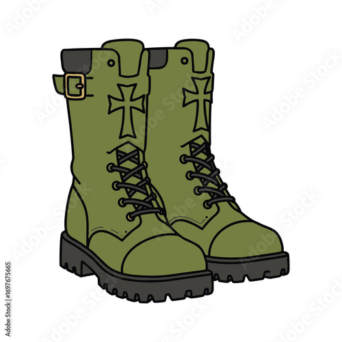 Green combat boots with cross design and black laces – stock vector flat illustration