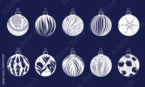 A set of Christmas baubles on blue sketch