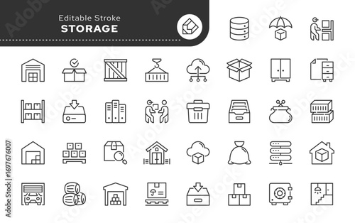 Storage line icon set. Warehouse, container, box, garage, crate, database, shelf, archive, cabinet, pallet, stock, inventory and more. Outline icon in linear style. Vector collection.	