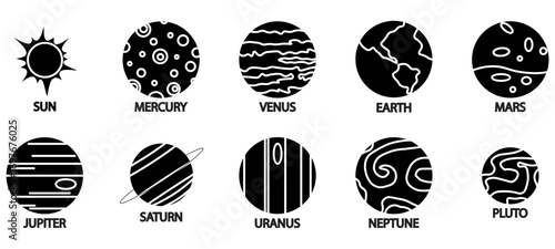Solar system glyph icon. Planets set glyph icon. Planet Earth and sun icon. Space background. World symbol. glyph art. glyph Icons set.