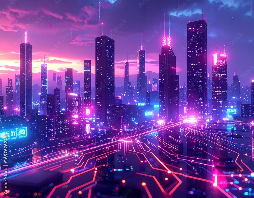 Fototapeta premium Futuristic Cyberpunk City Skyline with Neon Lights and Digital Grid