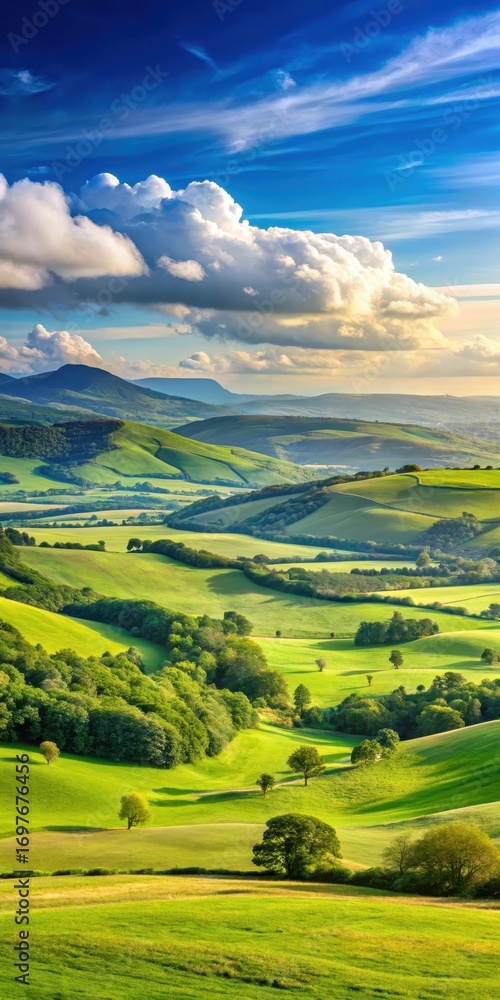 Fototapeta premium vast green landscape with rolling hills and mountains in the background