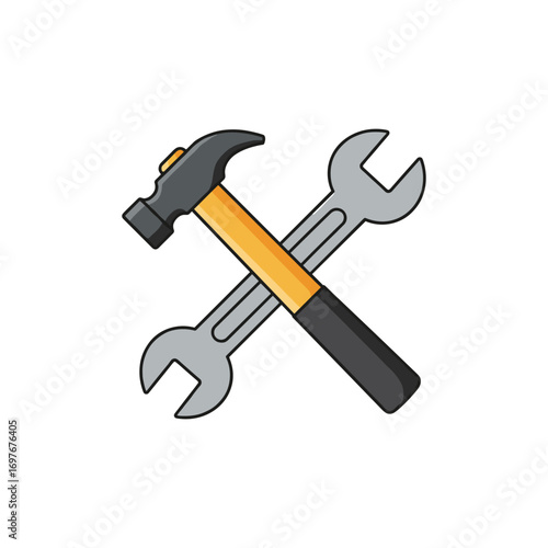 Crossed hammer and wrench icon symbolizing tools and repair in vector style – stock vector flat illustration