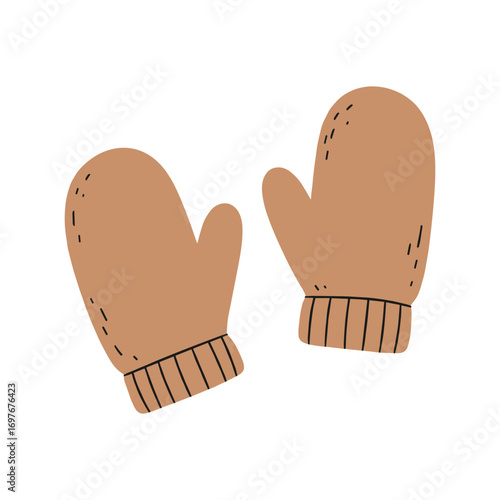 Cozy brown winter mittens with black stitching – stock vector flat illustration