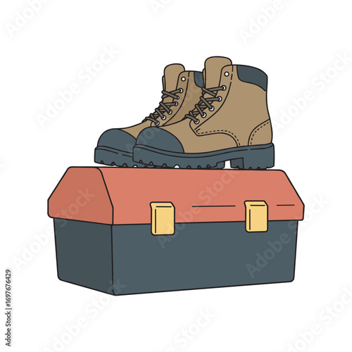 Work boots and toolbox illustration - rugged footwear on red and black storage box – stock vector flat illustration