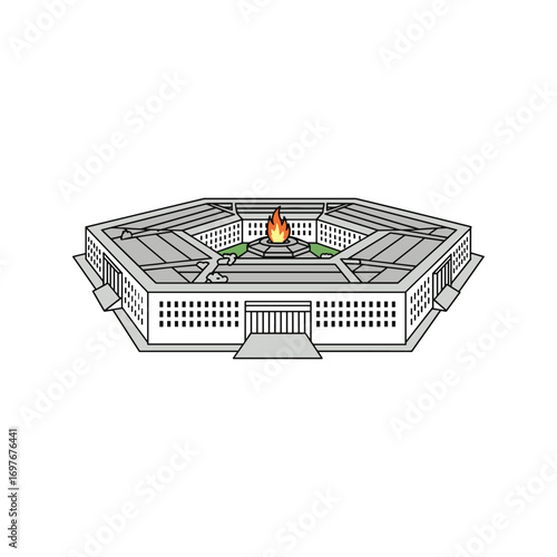 Illustration of the pentagon building with central courtyard and flame symbol – stock vector flat illustration