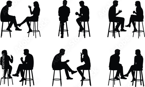 Silhouettes of people talking on stools, discussion, communication, conversation between man and woman, social interaction, interview, seated meeting scene.