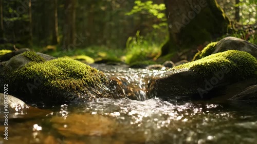 A close-up view of a small stream flowing over moss-covered rocks in a sun-dappled forest.