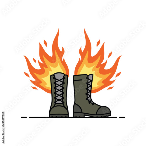 Flaming combat boots symbolizing intensity and adventure – stock vector flat illustration