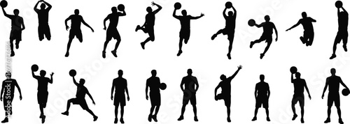 Basketball player silhouettes in action poses, dribbling, dunking, jumping, isolated figures, sports concept, athletic movement, vector graphic collection.