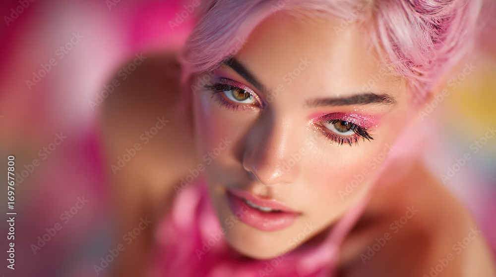 Fototapeta premium Woman with Pink Hair and Glitter Makeup
