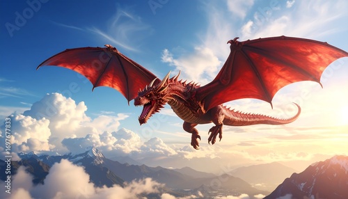 Red dragon soaring above mountains
