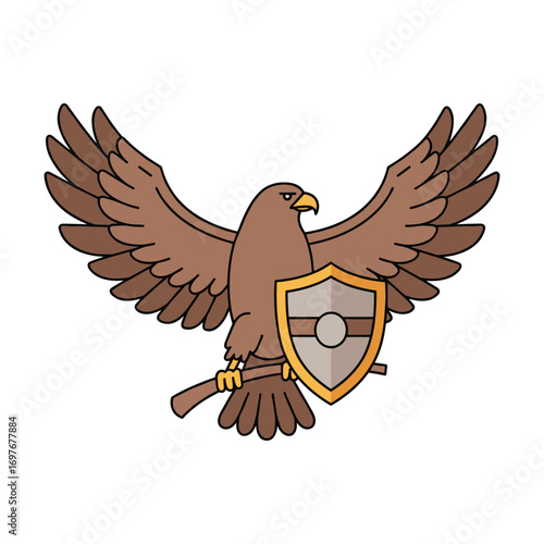 Illustration of a majestic eagle with wings spread and shield perched on branch – stock vector flat illustration