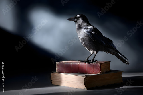 Crow pressing claws into stack of old leather books under moody light