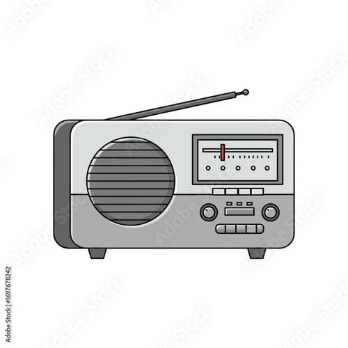 Retro gray vintage radio with antenna and speaker – stock vector flat illustration