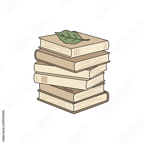 Stack of vintage books with leaf on top - minimalist design illustration – stock vector flat illustration