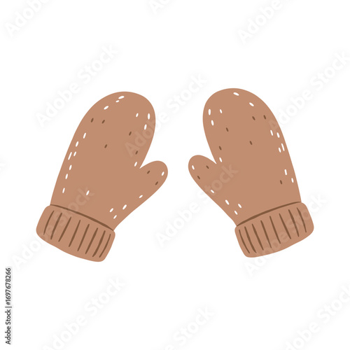 Hand-drawn brown mittens with knitted cuffs – stock vector flat illustration