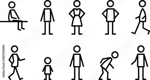 Stick figure people icons, minimal line drawing, walking, sitting, standing, vector illustration, human symbols, outline design, simple