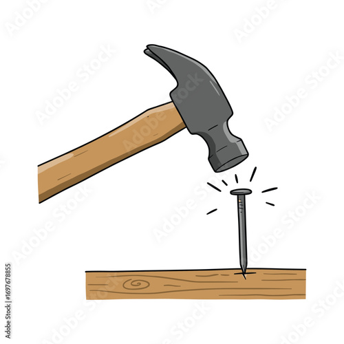 Hammer striking nail on wooden plank with precision – stock vector flat illustration