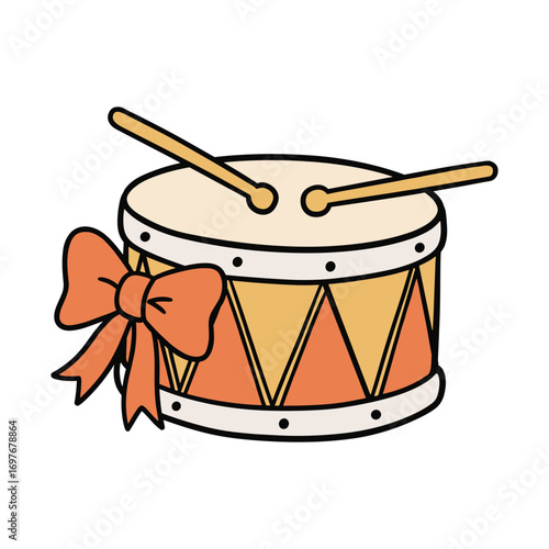 Festive drum with red bow and drumsticks – stock vector flat illustration
