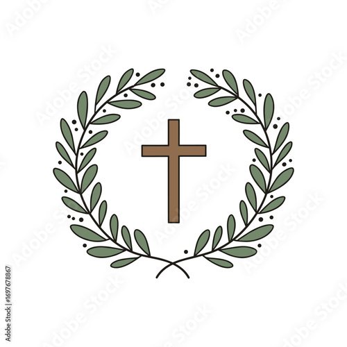 Christian cross with olive branches emblem – stock vector flat illustration