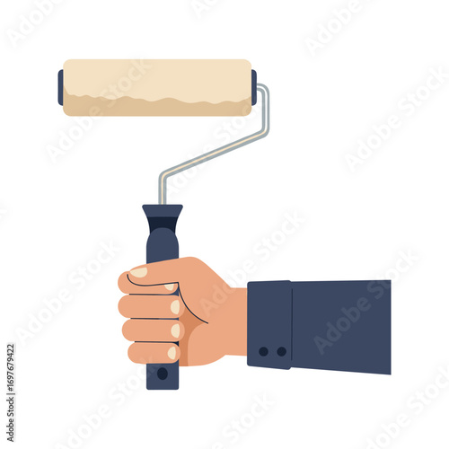 Hand holding paint roller tool in action for home renovation and decorating – stock vector flat illustration