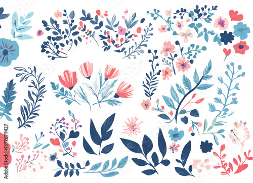 Delicate watercolor floral elements and botanical illustrations in a variety of colors