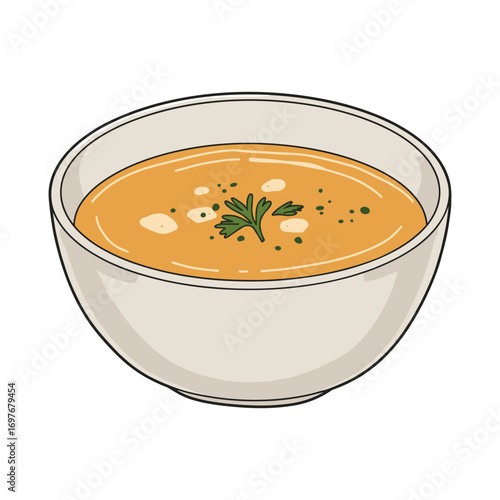 Creamy pumpkin soup with parsley garnish in bowl – stock vector flat illustration