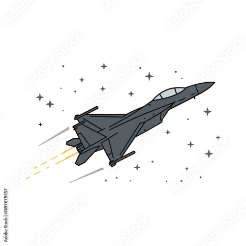 Sleek jet fighter illustration with stars and motion – stock vector flat illustration