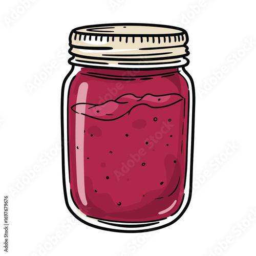 Jar of raspberry jam with lid - sweet preserved fruit spread – stock vector flat illustration