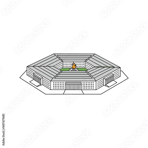 Pentagon building illustration with central courtyard and memorial flame – stock vector flat illustration