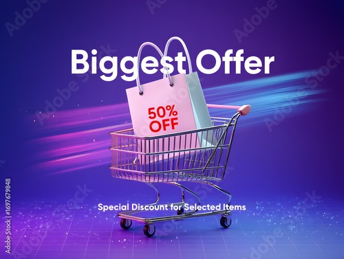 Shopping Cart with 50% Off Sale Bag: Vibrant Purple Background, 3D Render